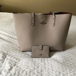 Coach bag and wallet matching grayish color.